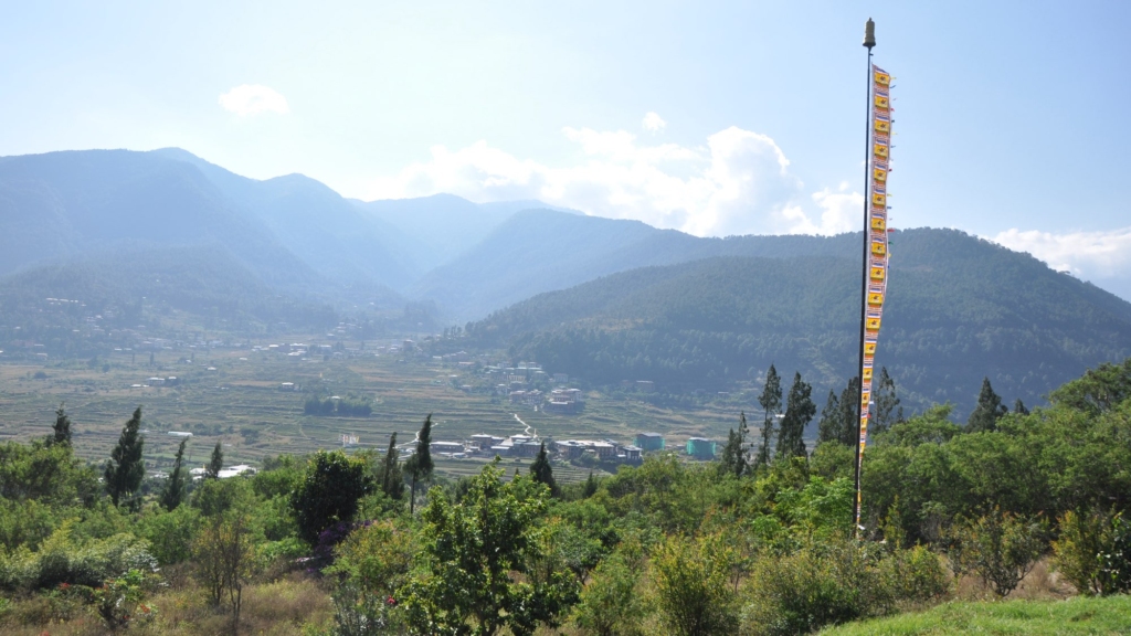 Wide panoramic view over the green rice terraces and hills of the Punakha Valley in Bhutan, marked by a tall prayer flag in the foreground.