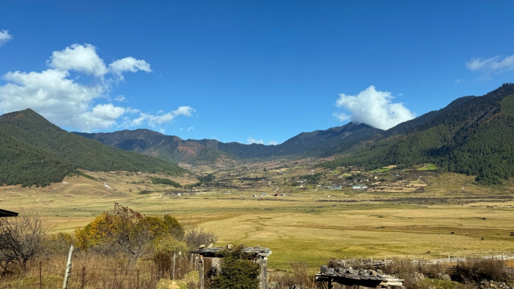 Wide panoramic view of the golden-yellow plains of the Phobjikha Valley in Bhutan, framed by green mountains and a blue sky.